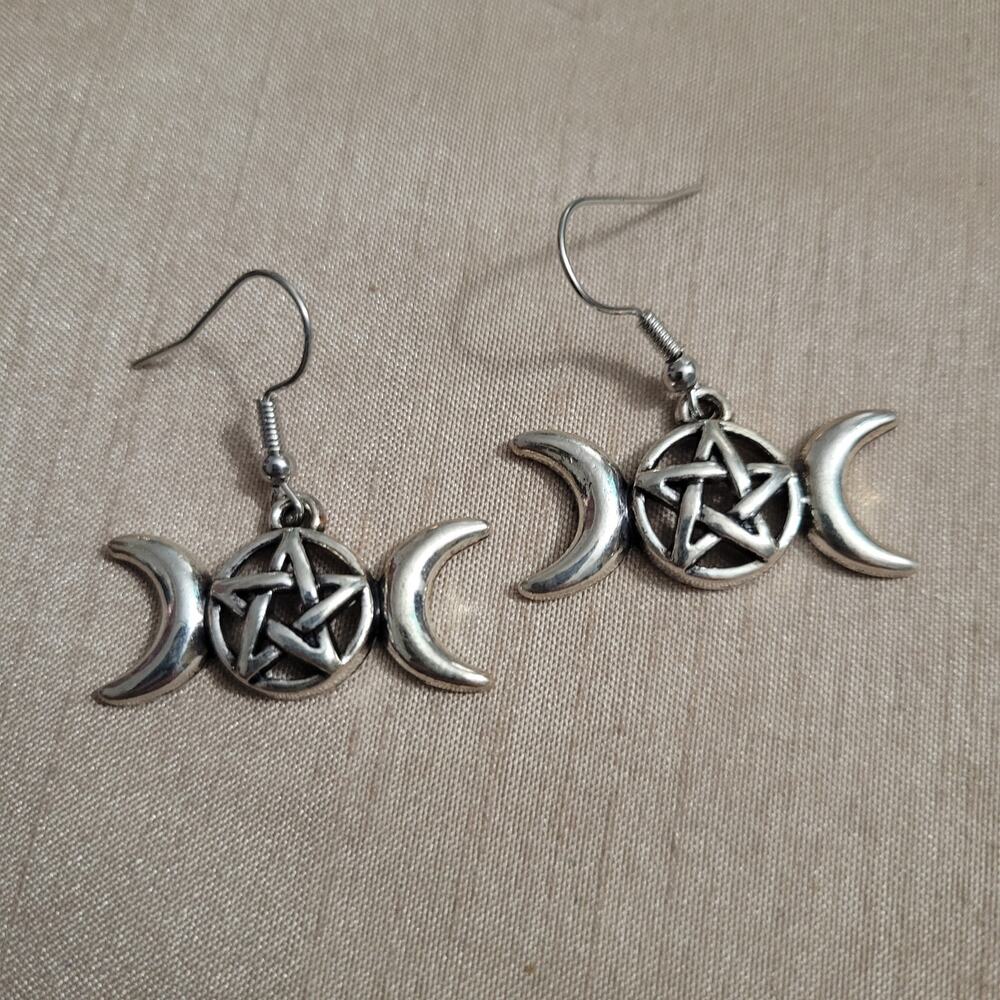 Crescent moon pentagram silver tone earrings